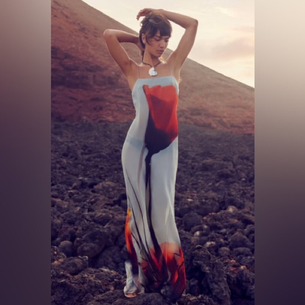 Luciana maxi dress flower mesh tulip long rat&boat spaghetti straps sheer - Picture 7 of 12
